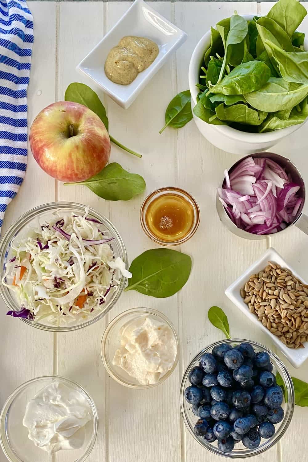 spinach, blueberries, apple, cabbage, yogurt