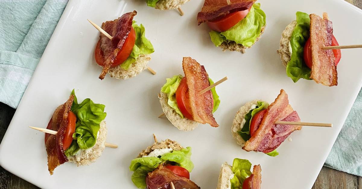 appetizer blt skewers on a shite plate