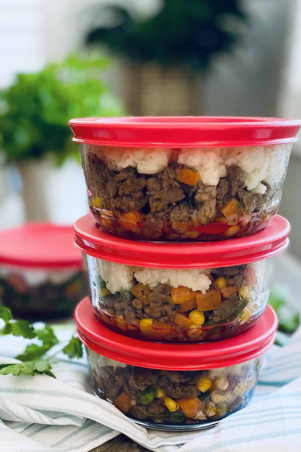 glass containers with ground turkey shepherd's pies