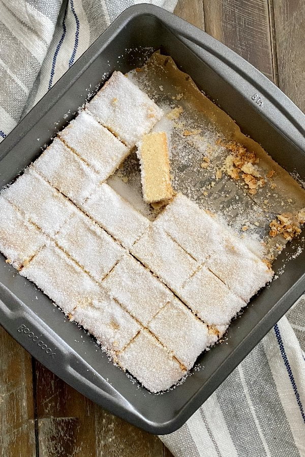 pan of all butter sugared shortbread cookies.