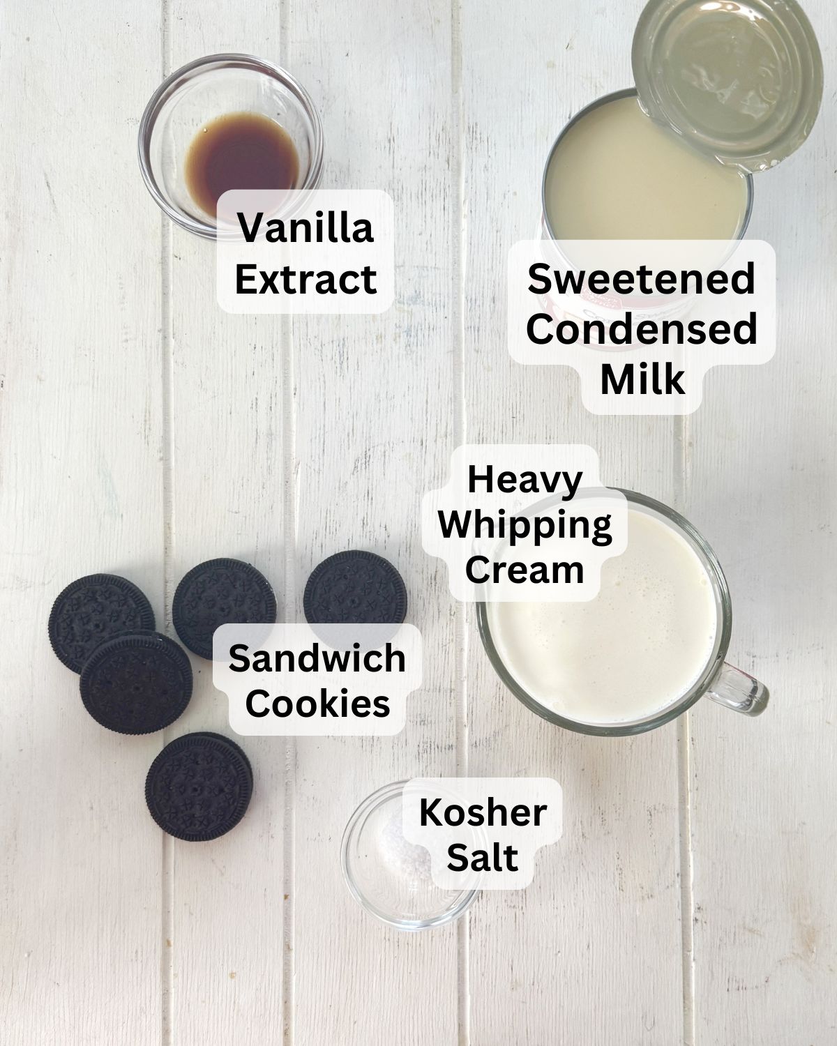 Sweetened condensed milk, vanilla, heavy cream, kosher salt, sandwich cookies.