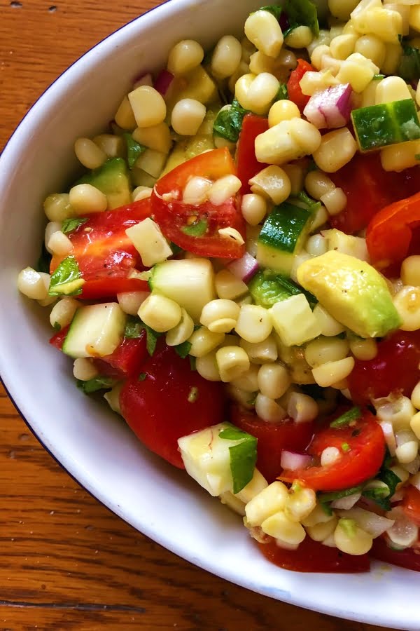 Summer Avocado, Corn, Cucumber, and Tomato Salad