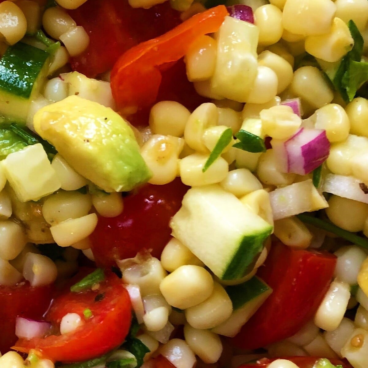 corn, cucumber, tomatoes.