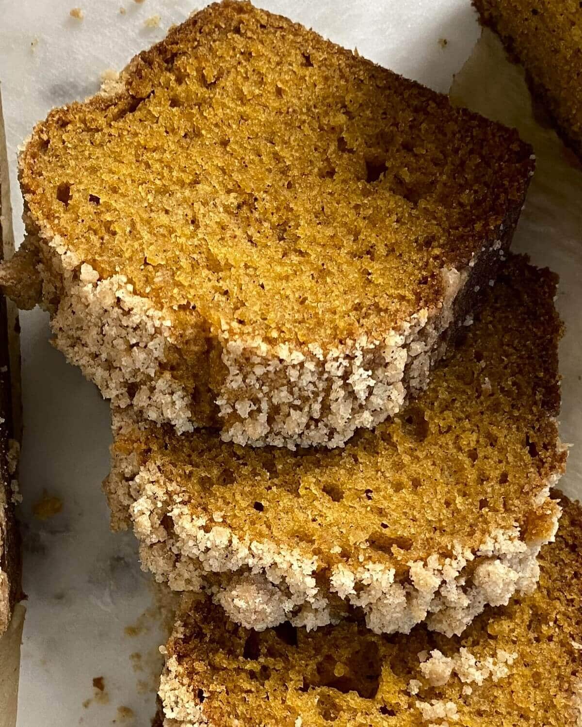 3 slices of pumpkin bread.