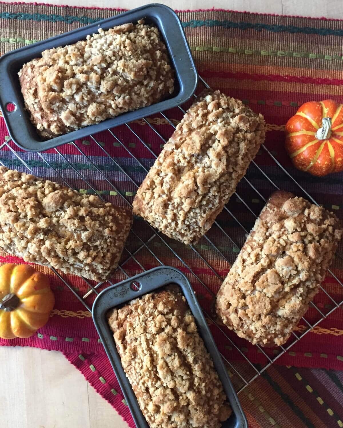 Cooling quick breads on a wire rack.