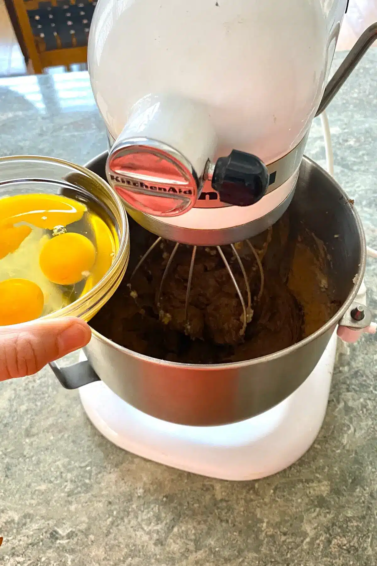 adding eggs to pie filling.