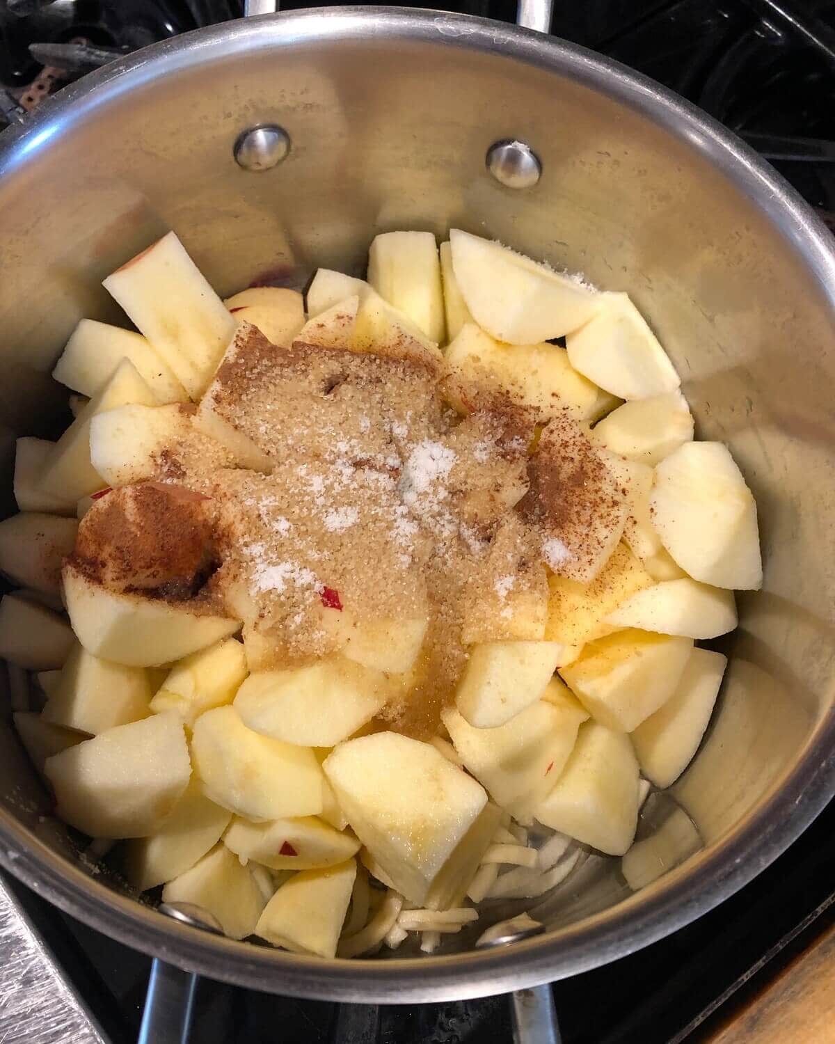 chunks of apples in a pot with sugar, cinnamon and water.