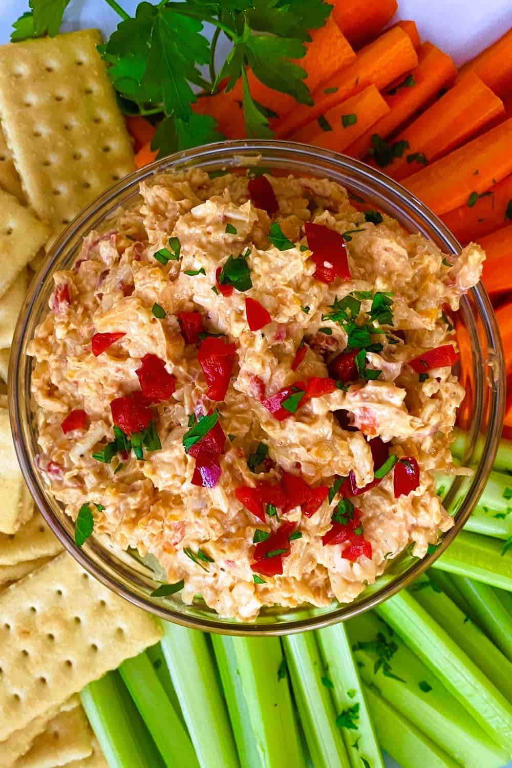 pimento cheese with carrot, celery, and crackers