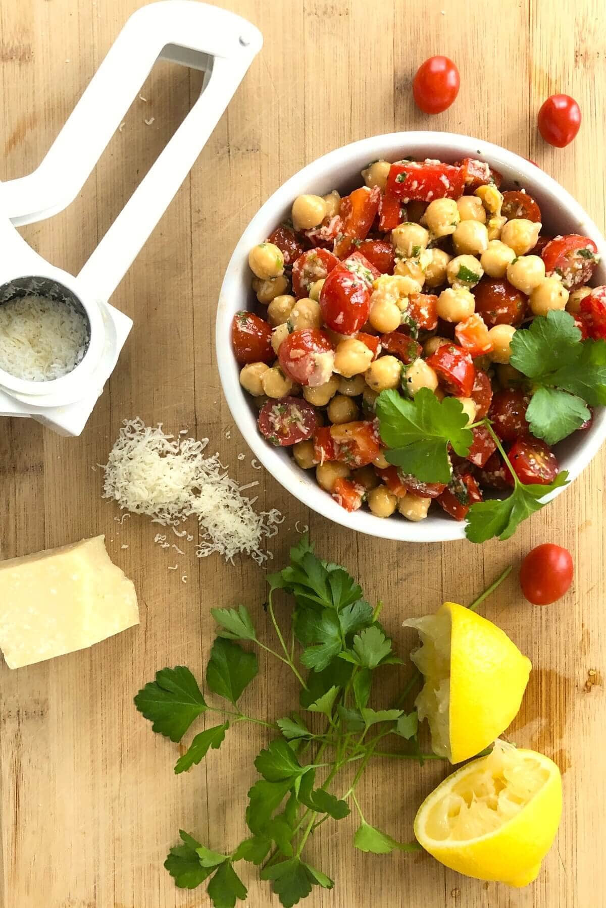 cheese grater with chickpea salad.