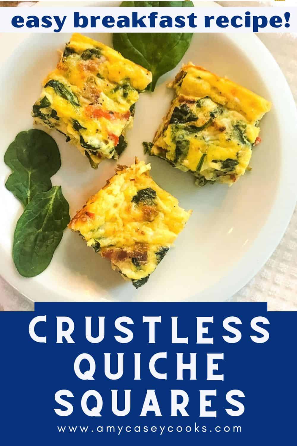 3 crustless quiche squares on a white plate.