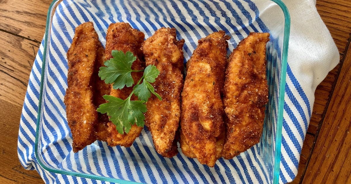 glass dish with buttermilk fried chicken tenders.
