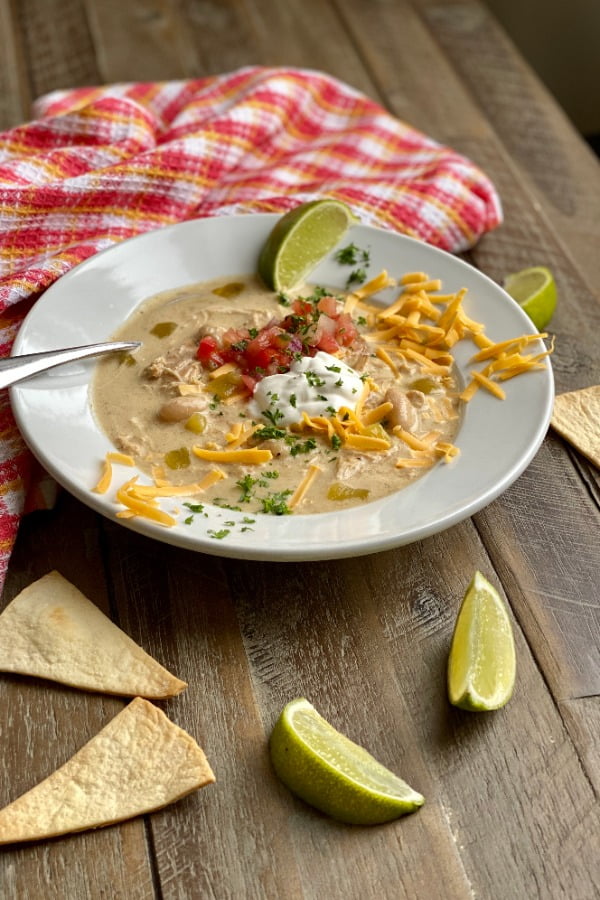 bowl of chicken enchilada soup with homemade tortilla chips