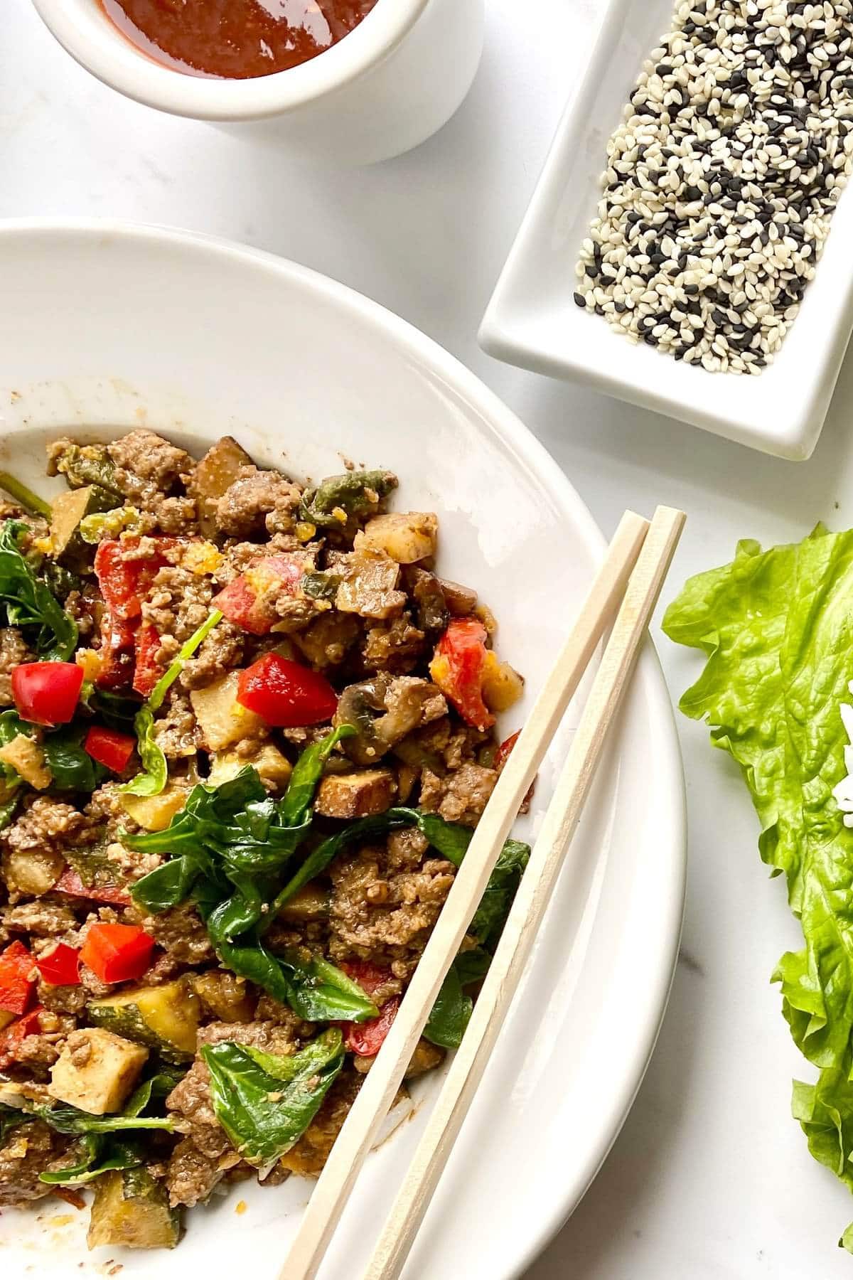 filling for Korean beef lettuce wraps and sesame seeds.
