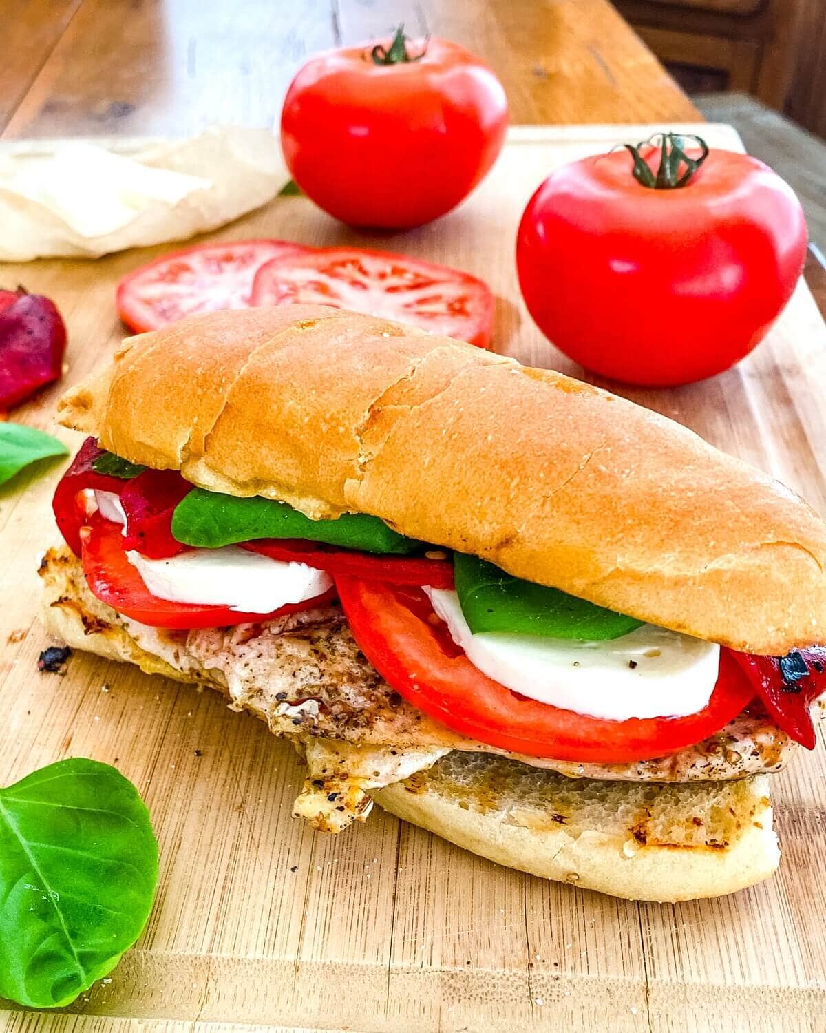 Chicken Caprese Sandwich with Fresh Mozzarella, Roasted Red Peppers and Tomato