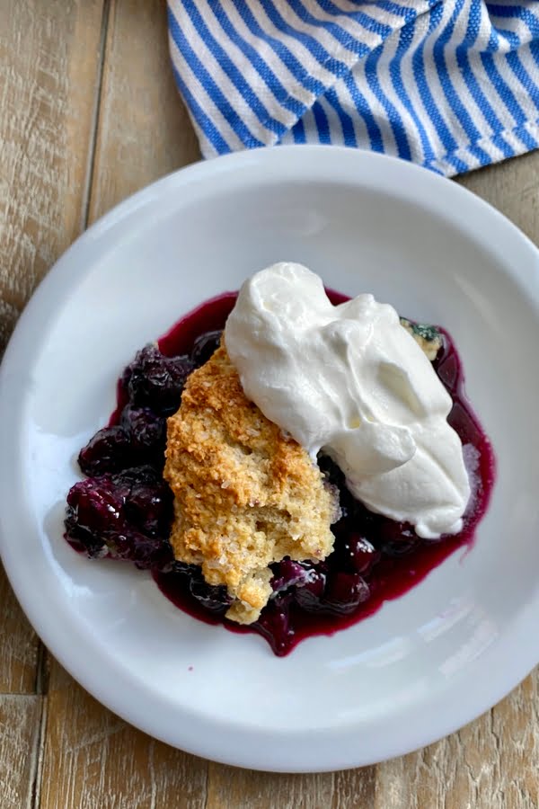 blueberry cobbler topped with homemade whipped cream