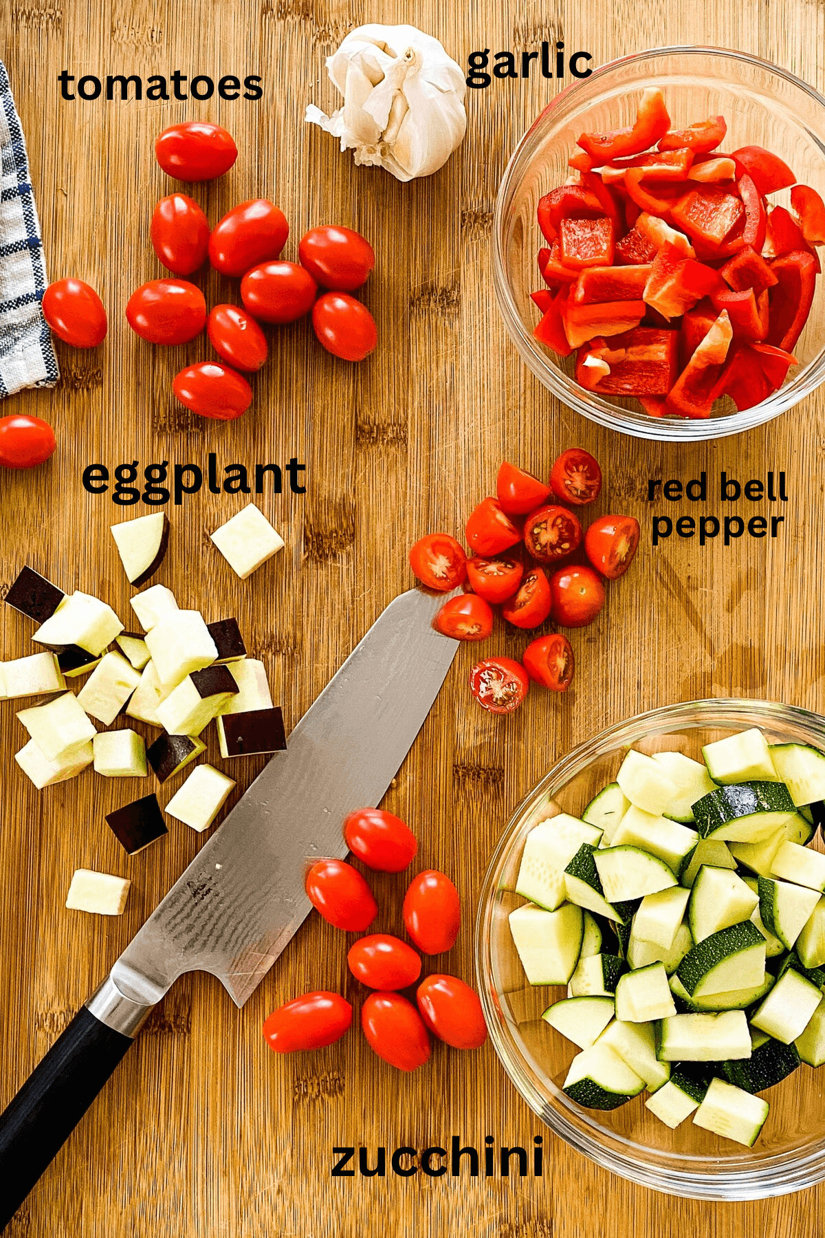 Large diced eggplant, tomatoes, re peppers, and garlic.