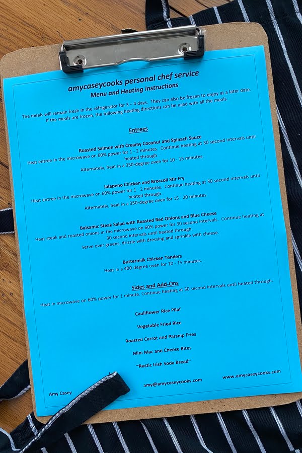 a personal chef client menu