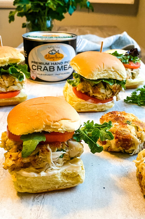 mini crab cake sandwiches and can of super lump crab cake.