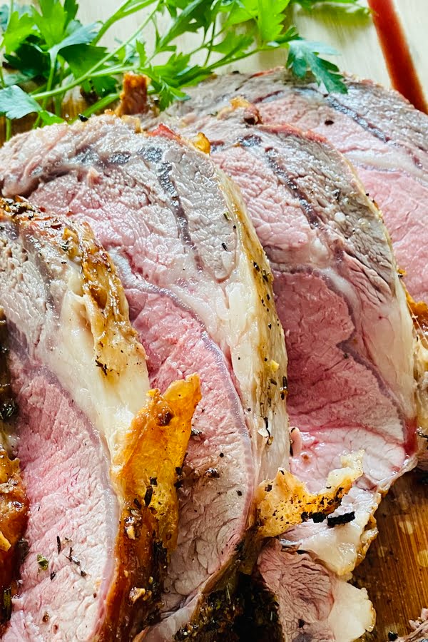 sliced slow roasted prime rib.