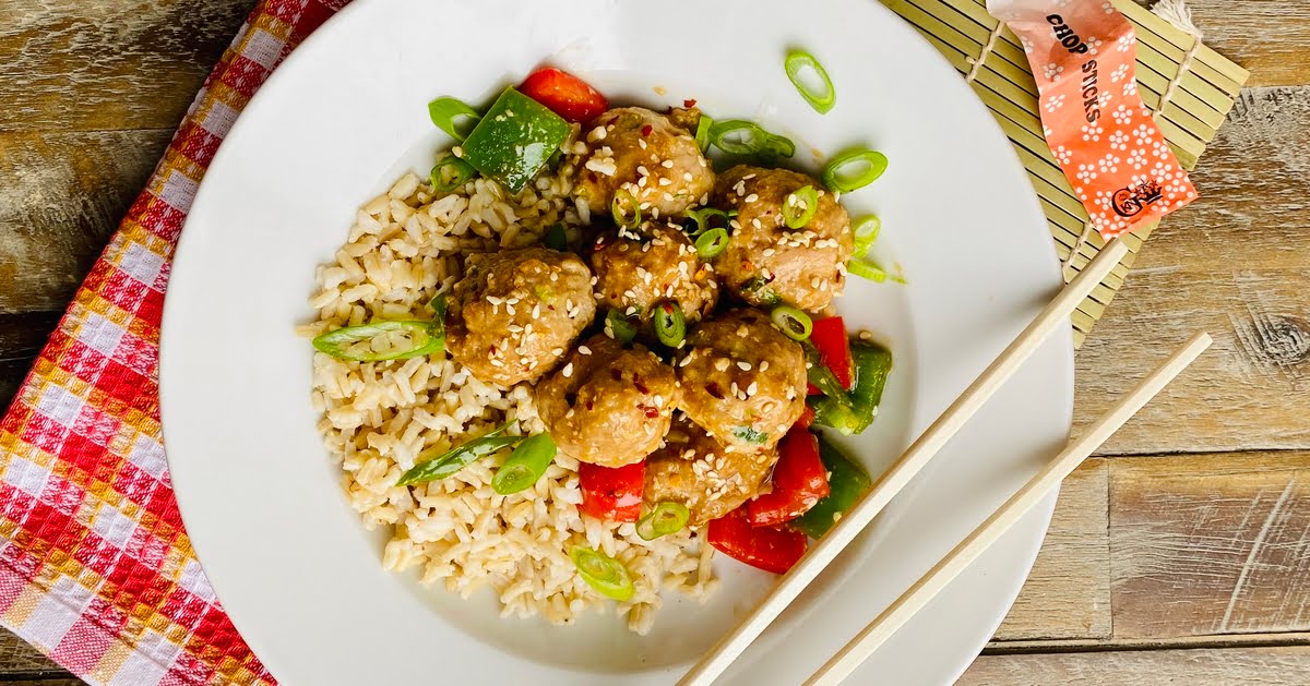 bowl of teriyaki turkey meatballs with brown rice