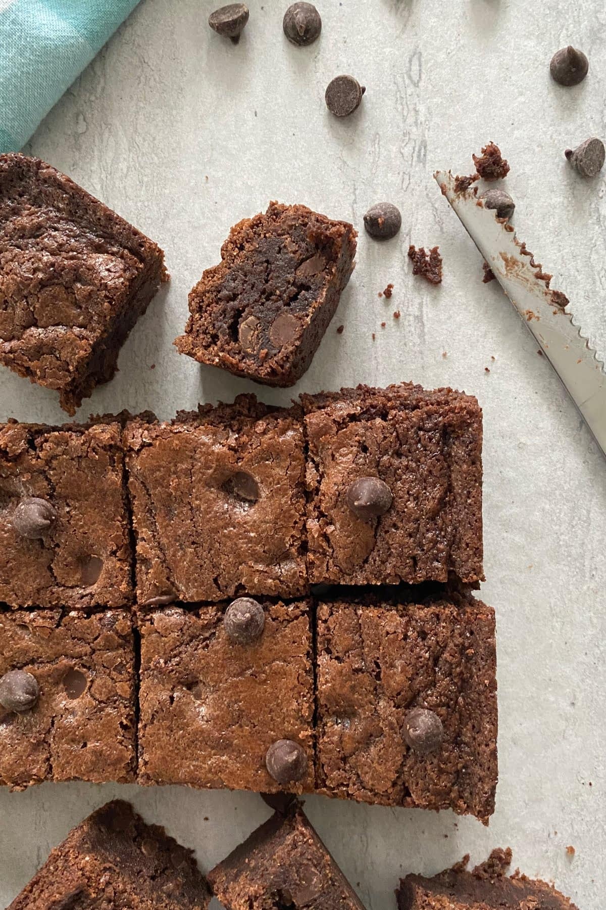 pan of cut fudgy brownies