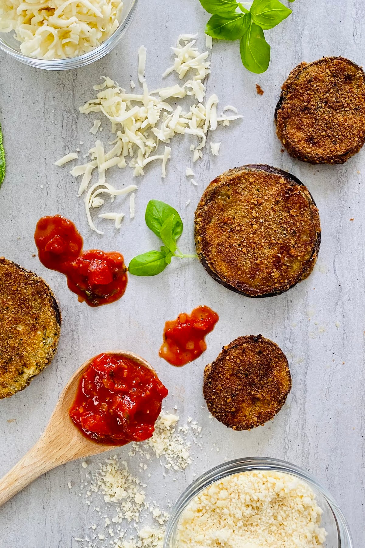 oven fried eggplant, marinara, mozzarella, basil