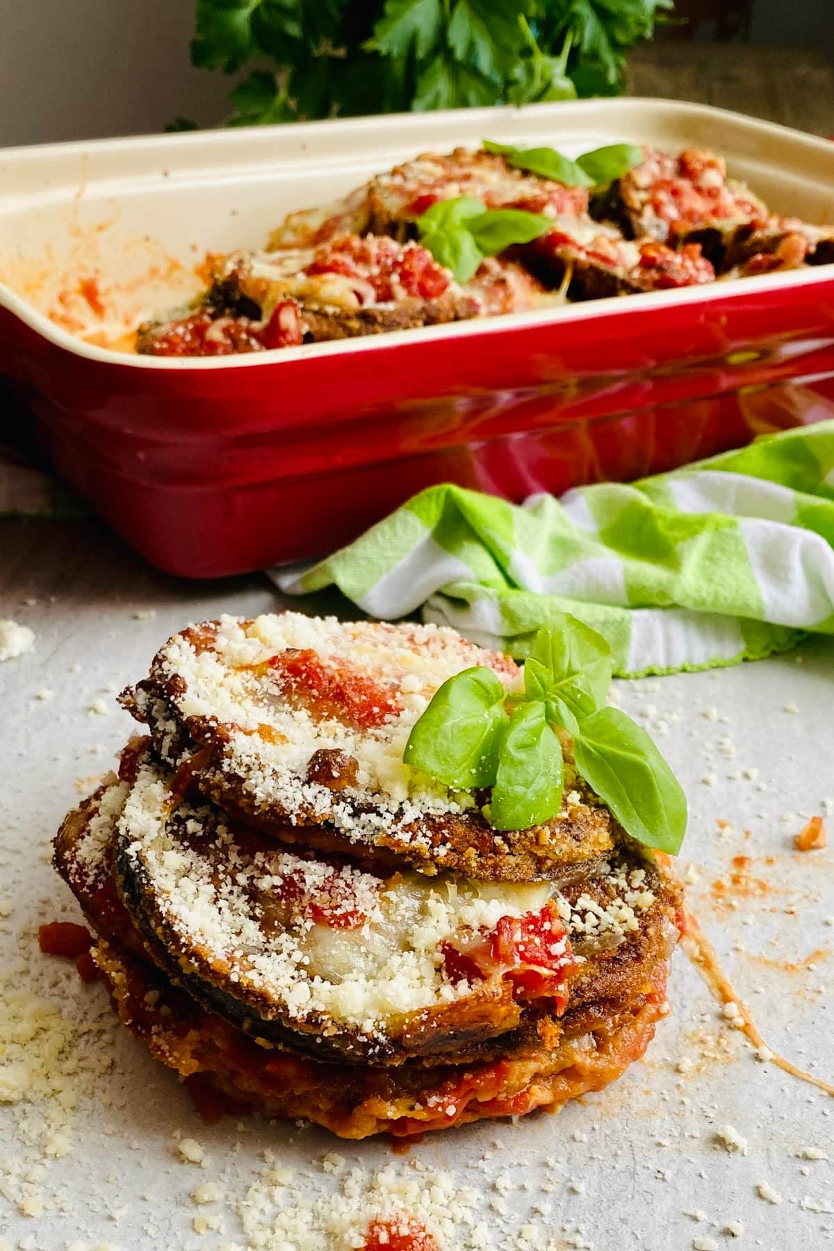 a single piece of baked eggplant Parmesan