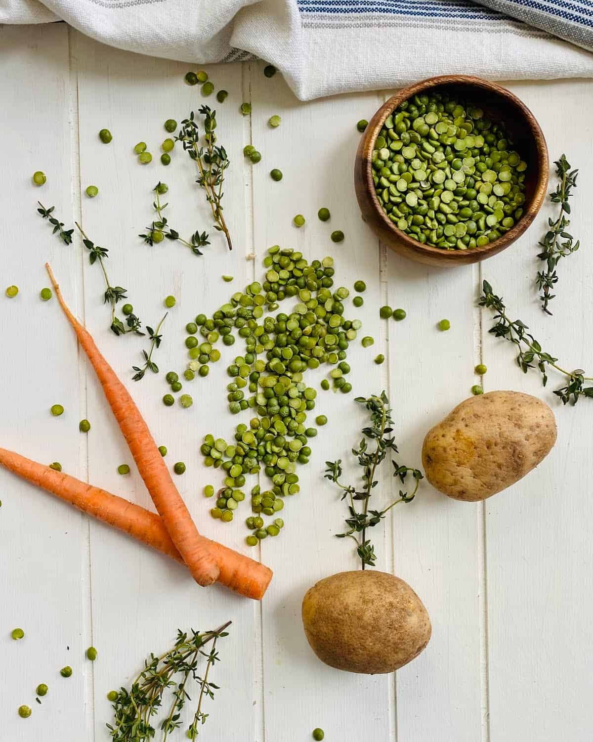 carrots, green split peas, and potatoes