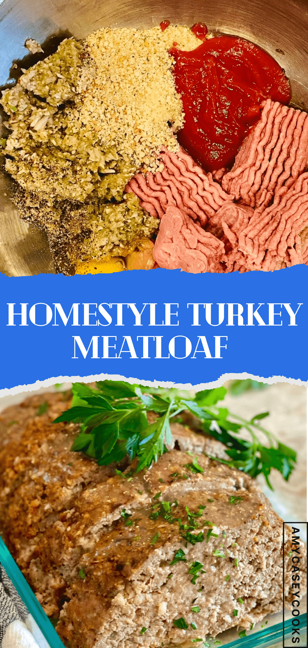 Mixing turkey meatloaf with mushrooms in a bowl and a baked meatloaf.