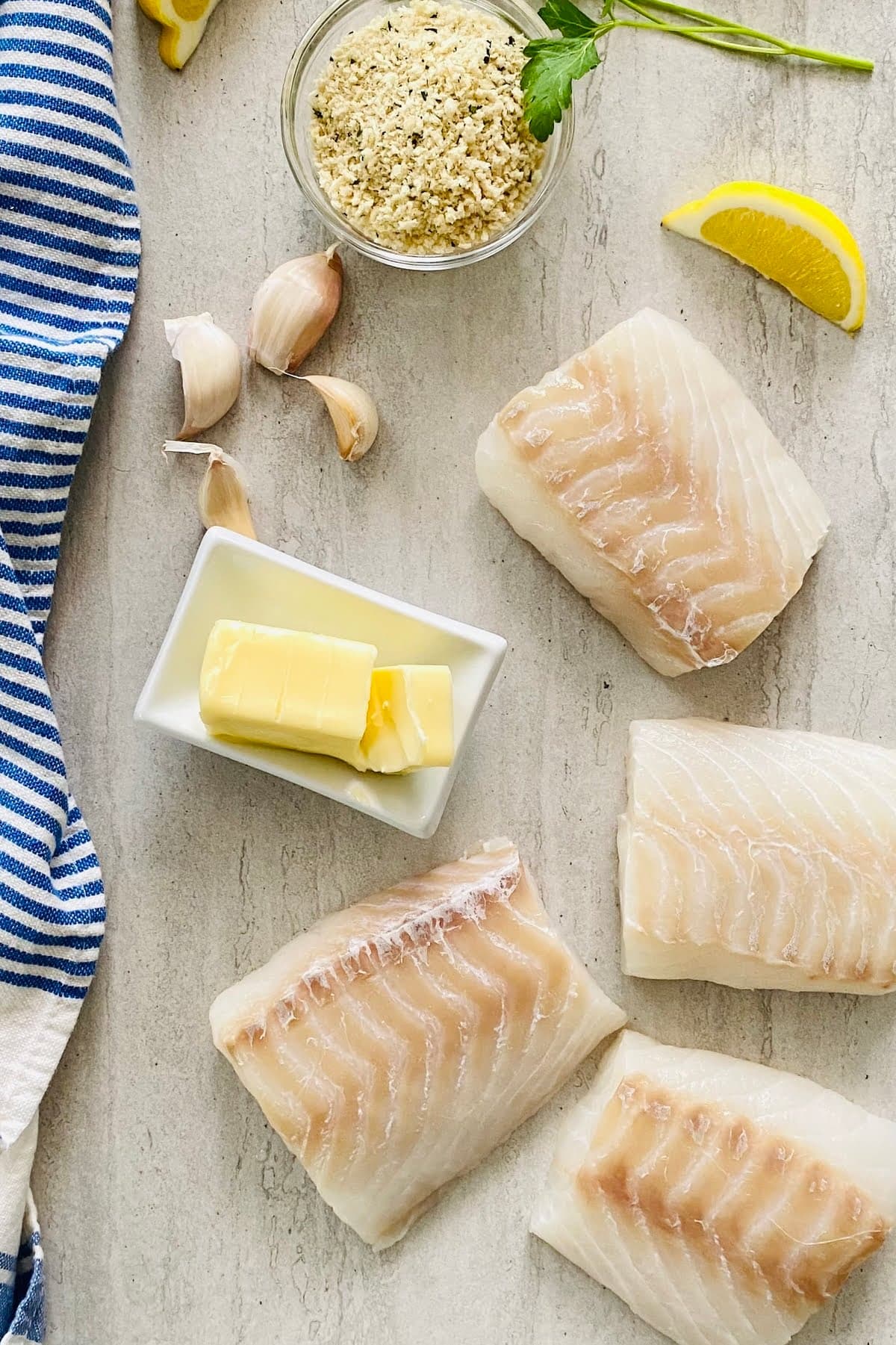 Cod, panko, lemon, butter, garlic and parsley.