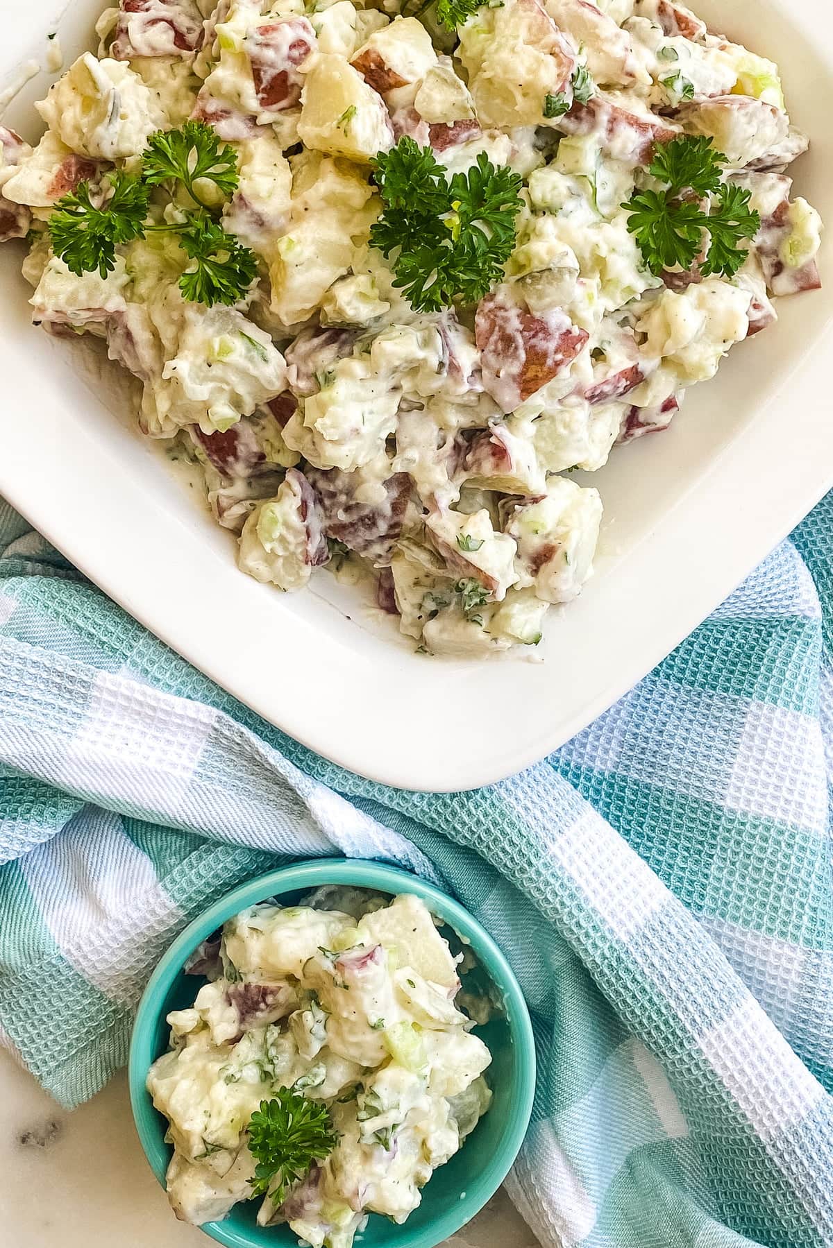 close up of a delicious barbecue side dish with potatoes and dill pickles
