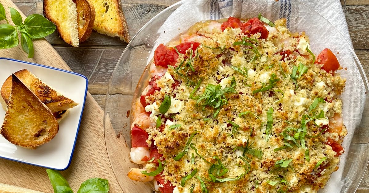 shrimp baked with feta and tomatoes and garlic butter panko
