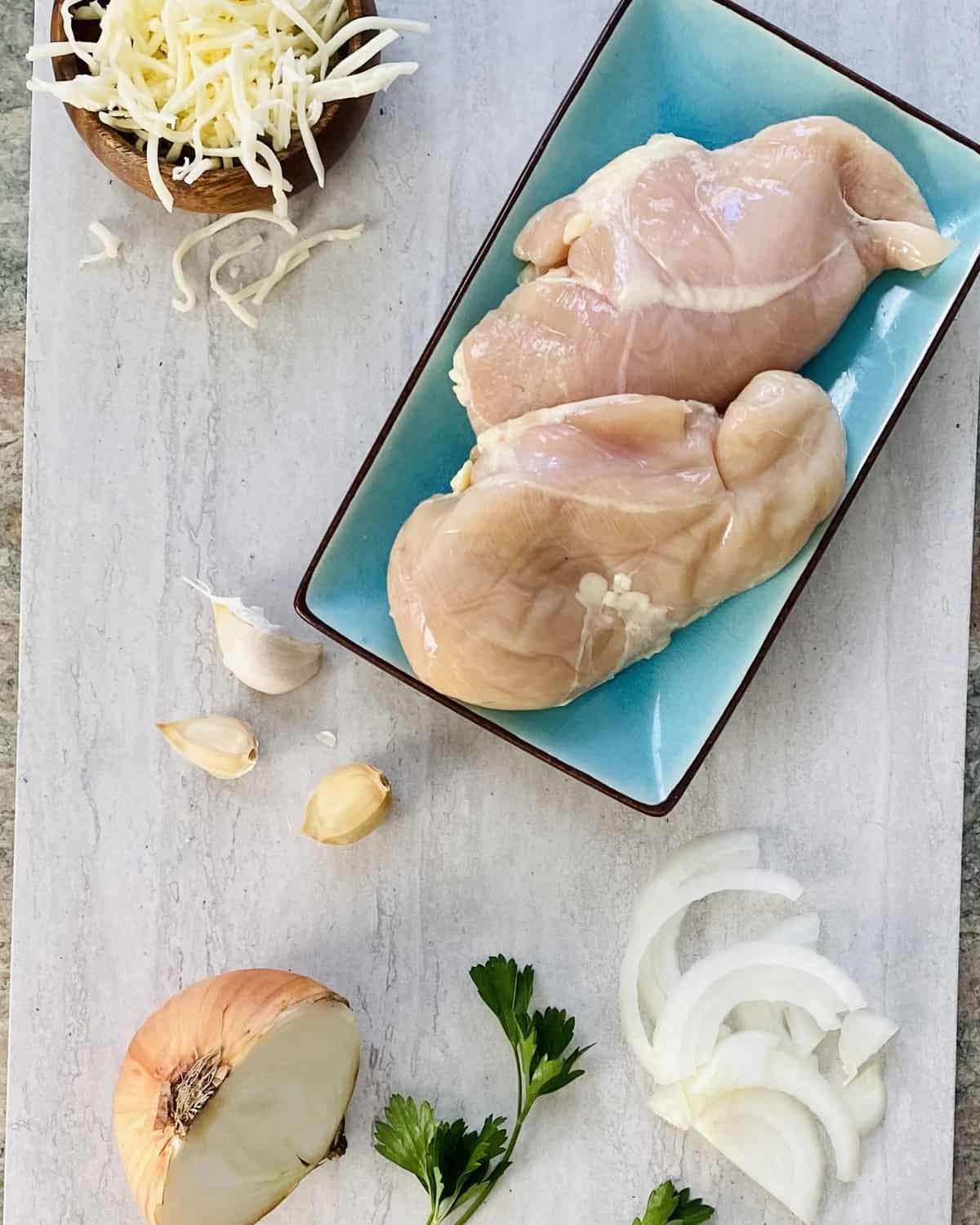 chicken breasts, parsley, mozzarella cheese, onion, garlic