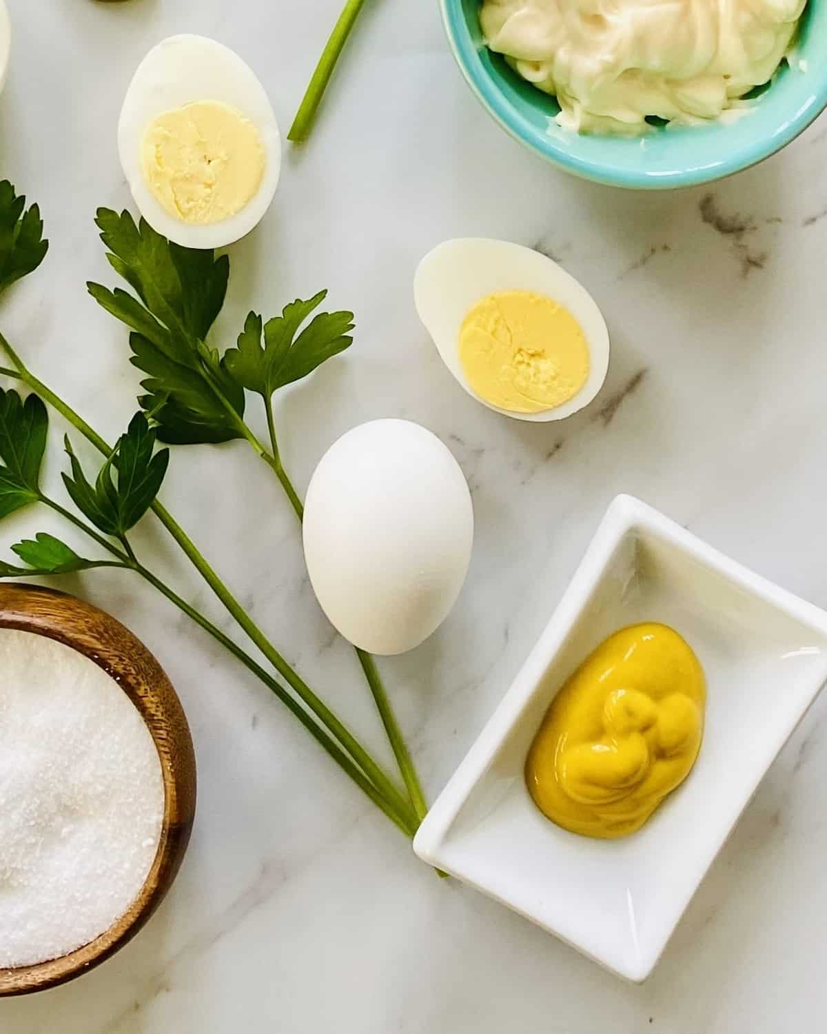 hard boiled eggs, mustard, kosher salt, parsley