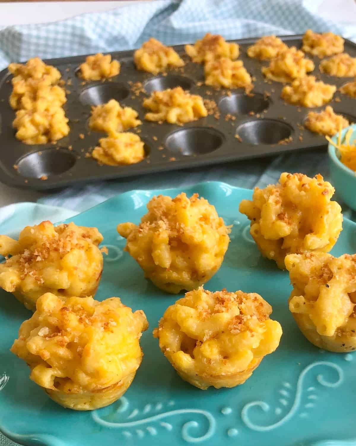 mini mac and cheese bites on a platter