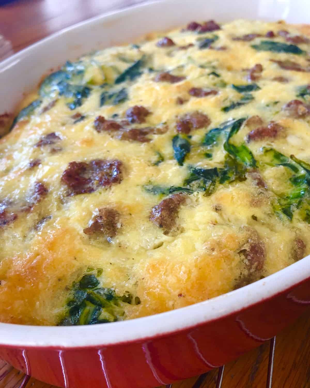 breakfast egg casserole with spinach, sausage and cheese