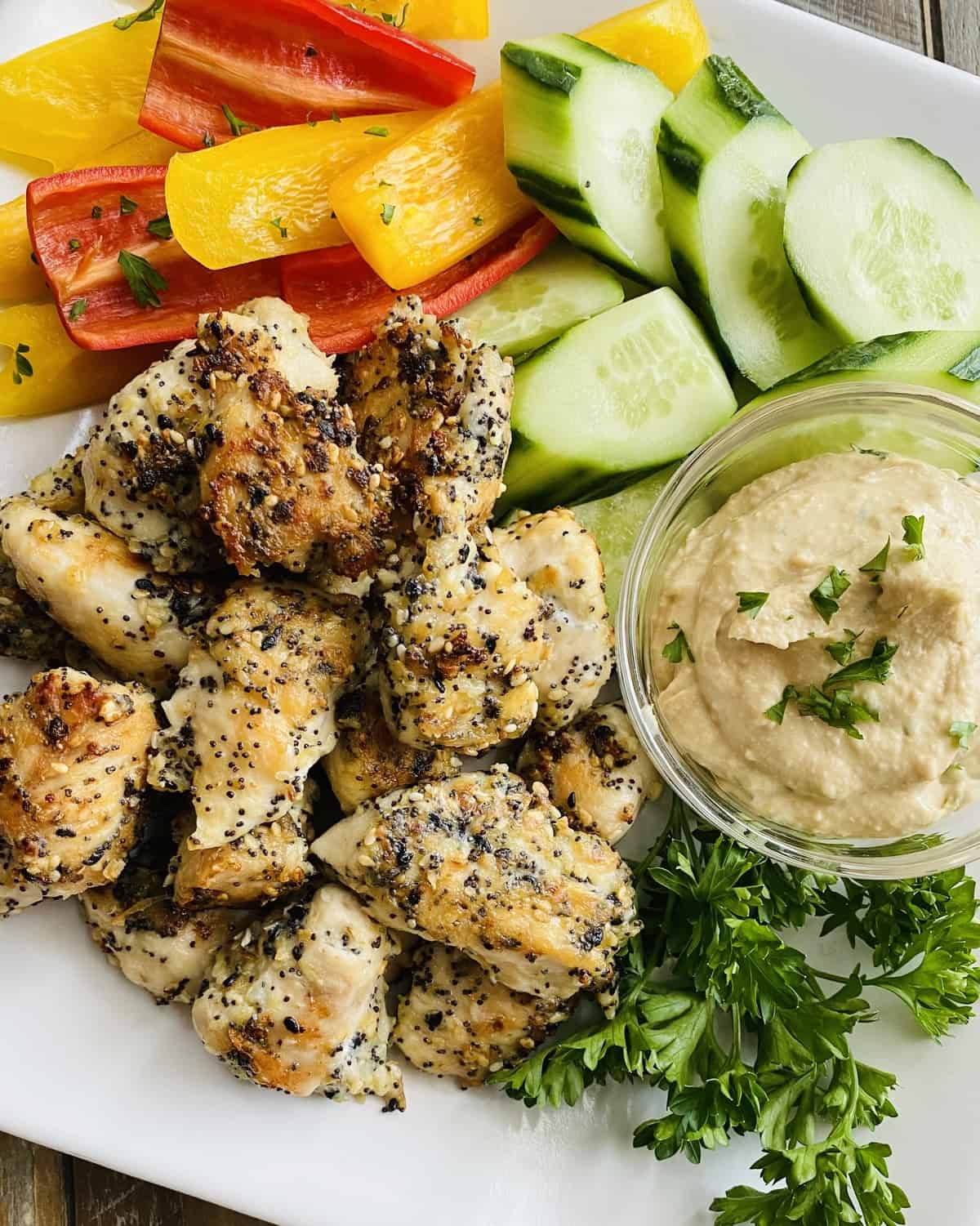 Everything Chicken Bites with Basil Hummus