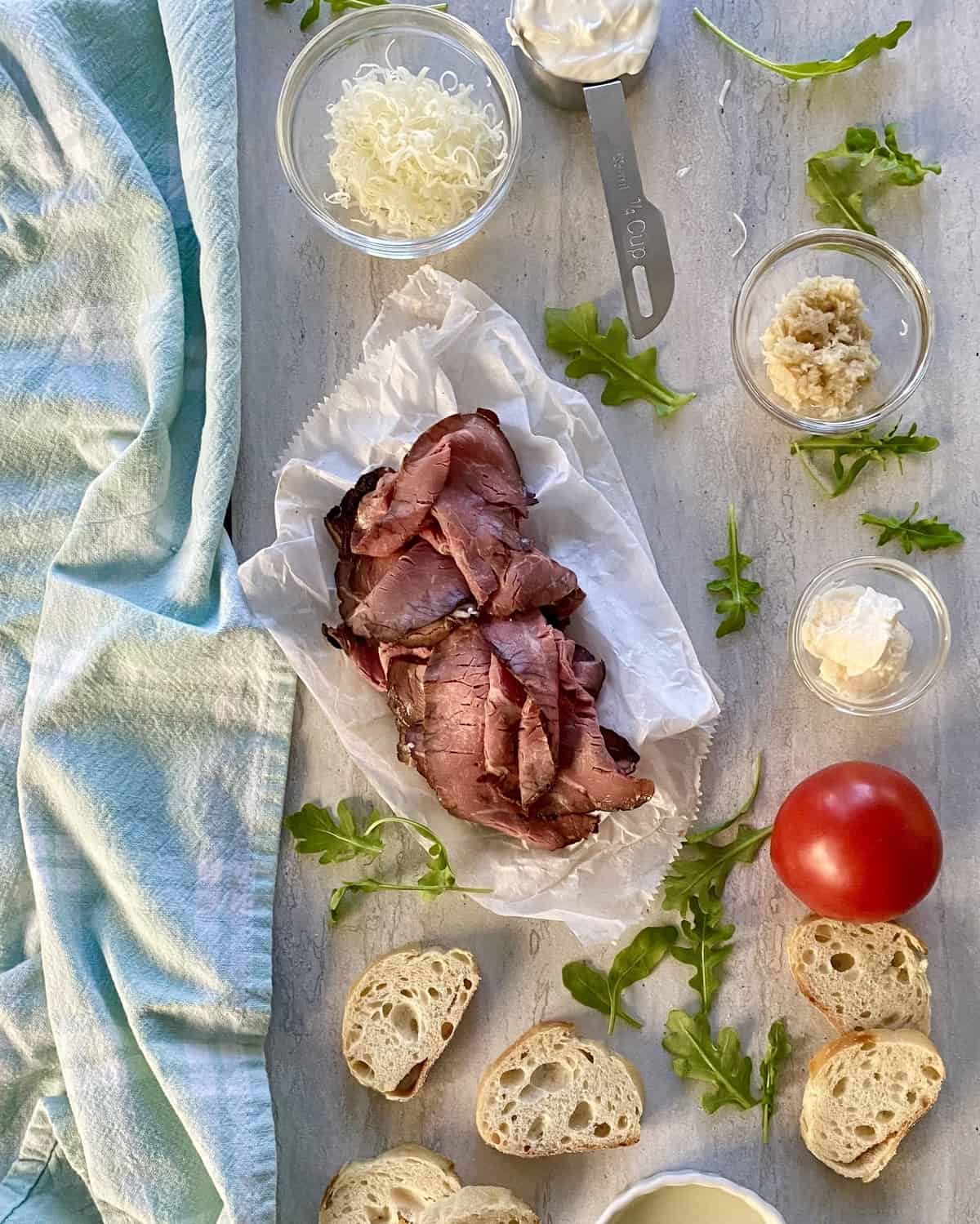 roast beef, bread, tomato, horseradish, mayonnaise, sour cream