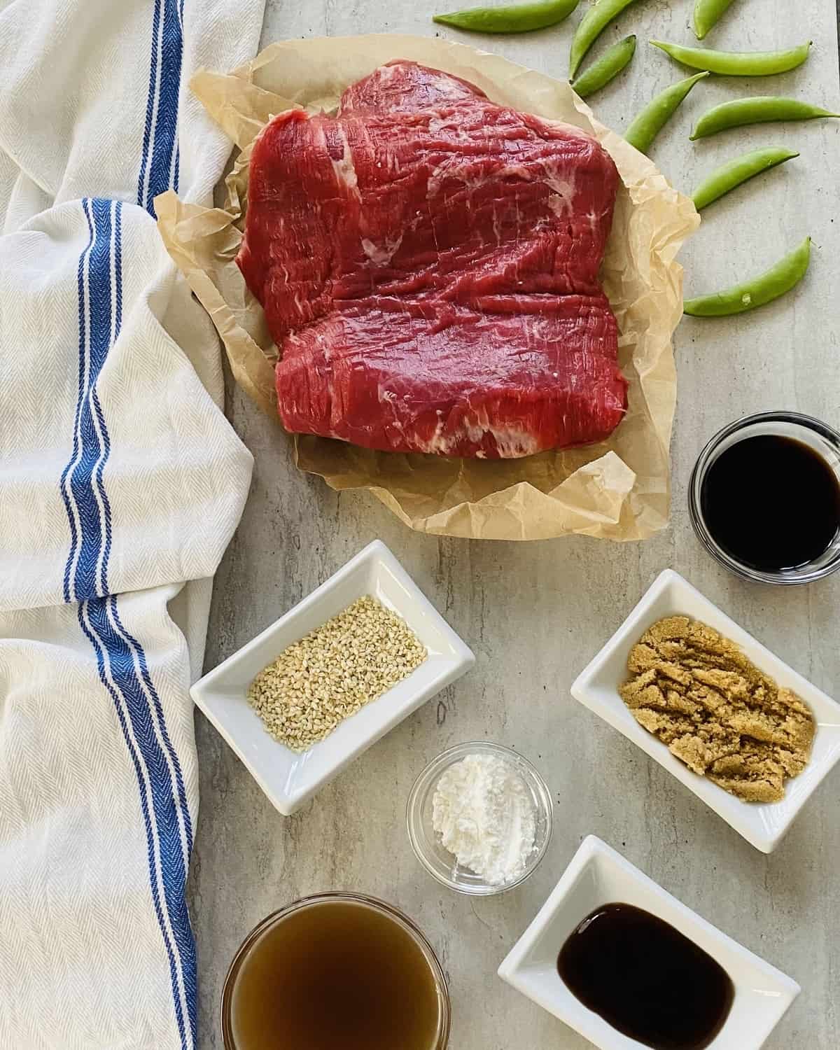 flank steak, soy sauce, brown sugar sugar snap peas