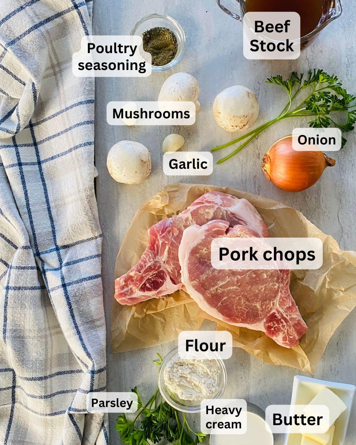 Ingredients for pork chops with mushroom gravy.