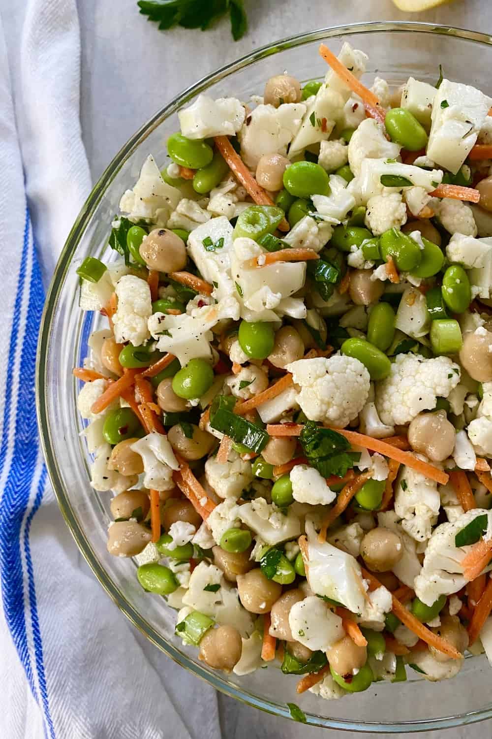 big bowl of raw cauliflower salad