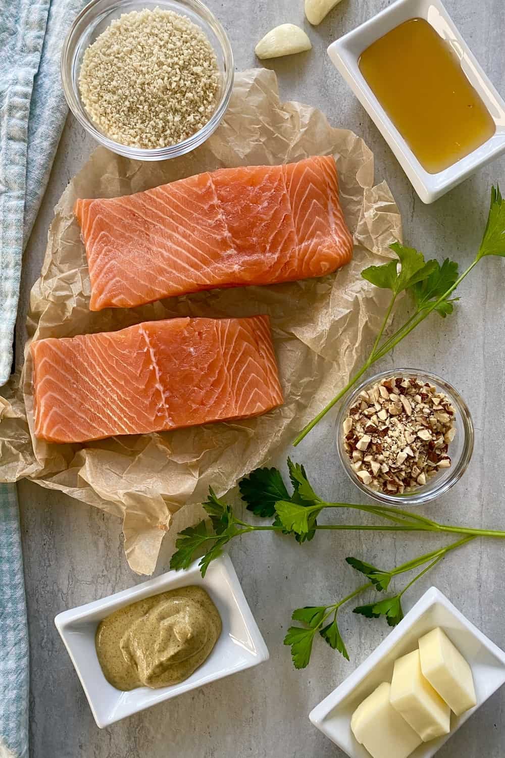 Salmon, honey, mustard, panko, garlic, pecans, butter for pecan crusted salmon.