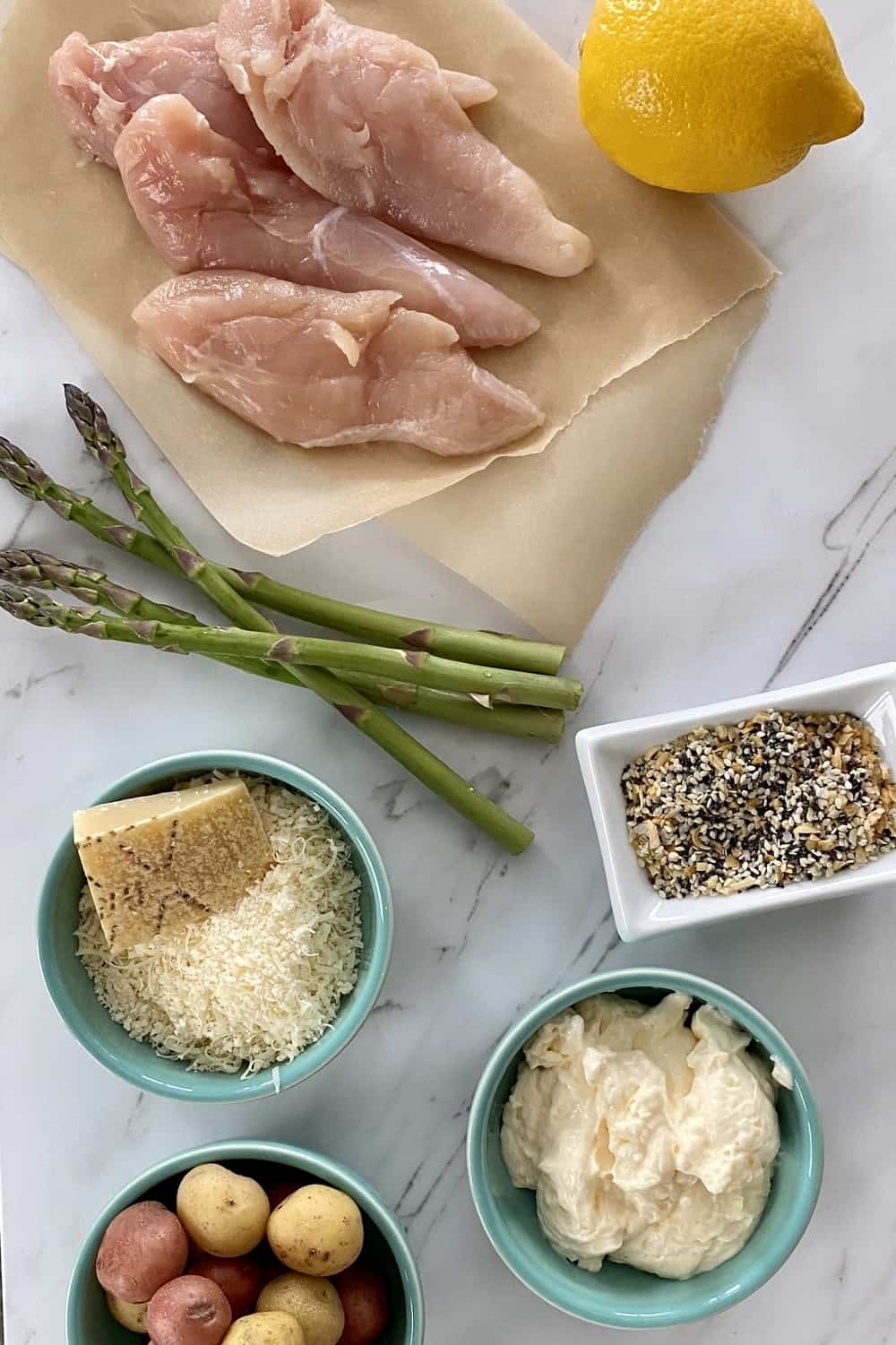 chicken, lemon, asparagus, potatoes, everything bagel seasoning