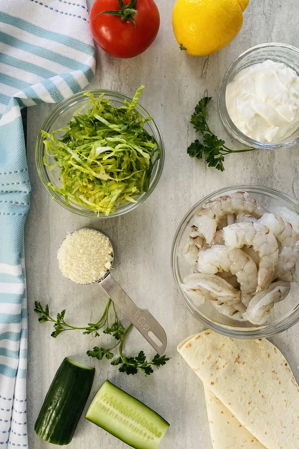 cucumber, lettuce, tomato, shrimp, yogurt, Parmesan cheese for shrimp tacos recipe