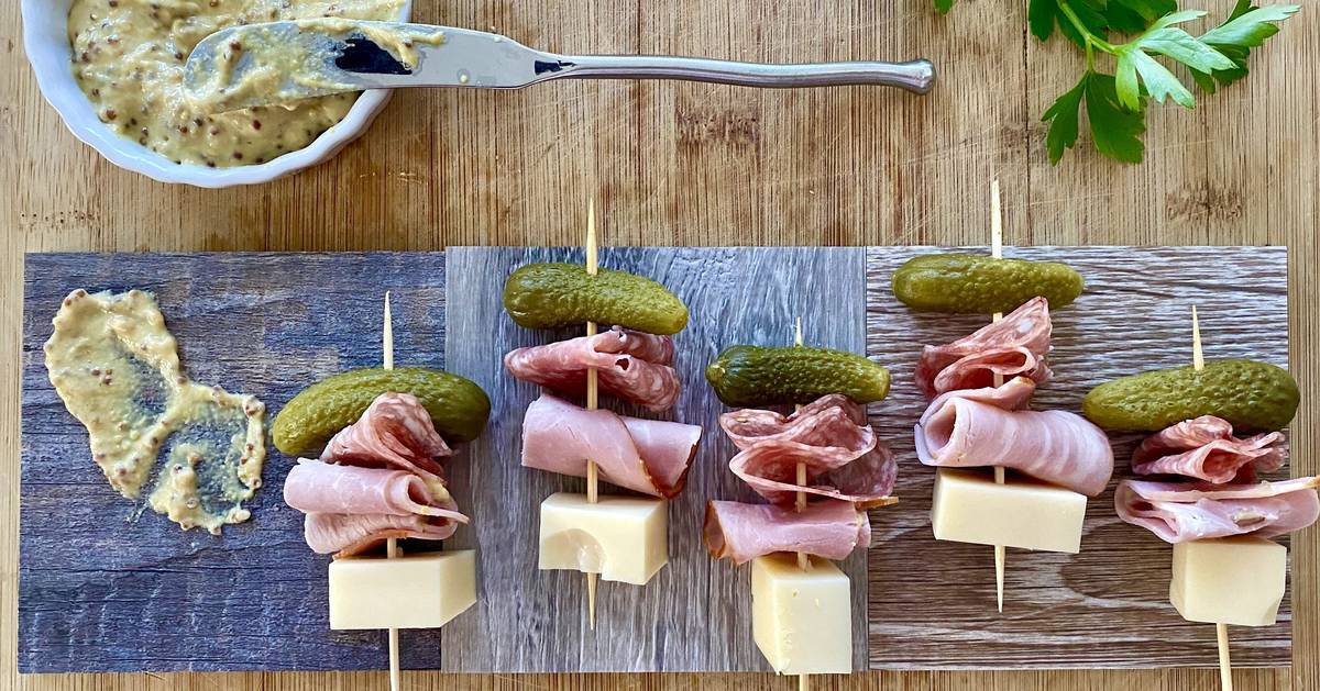 Cuban Sandwich Appetizer Skewers with ham, Swiss cheese, salami, and dill pickles