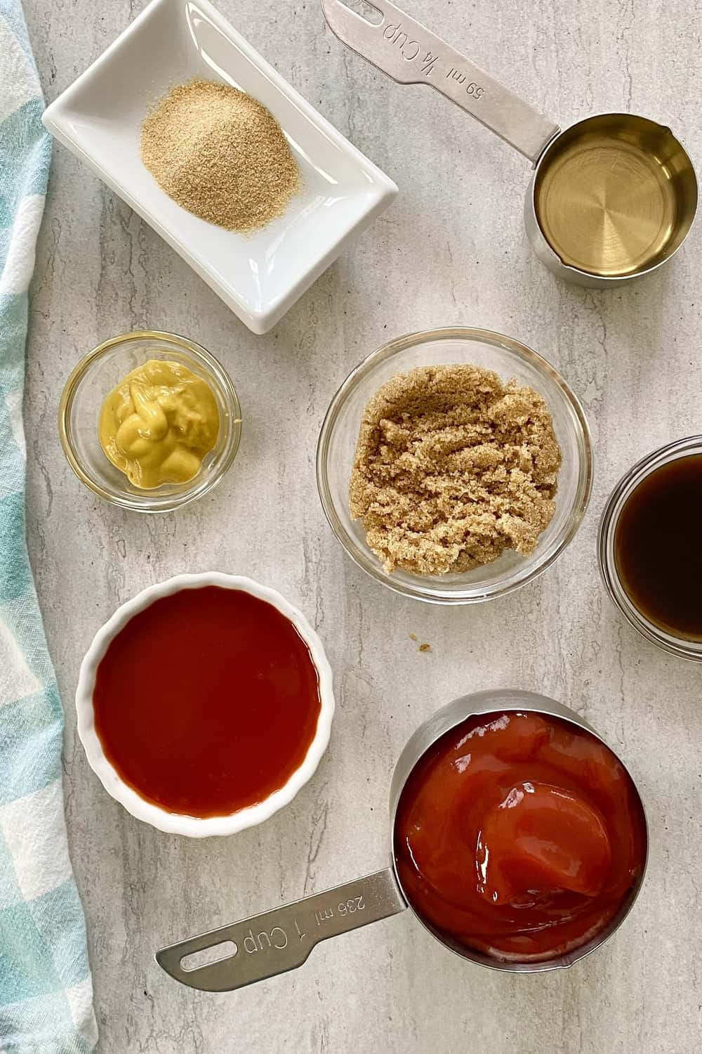 ketchup, brown sugar, worcestershire sauce, mustard, garlic powder, apple cider vinegar