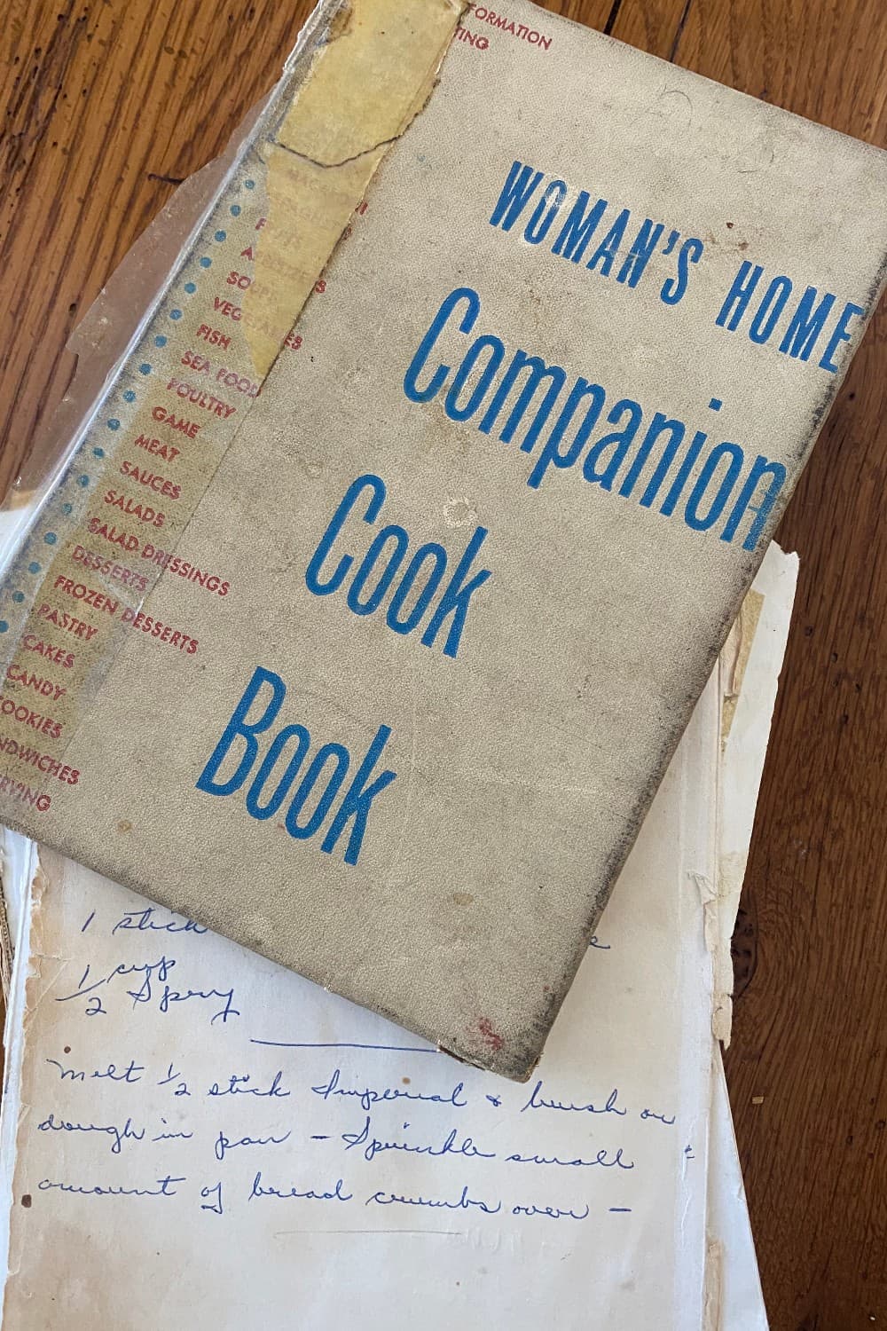 An old and tattered copy of Woman's Home Companion Cook Book.