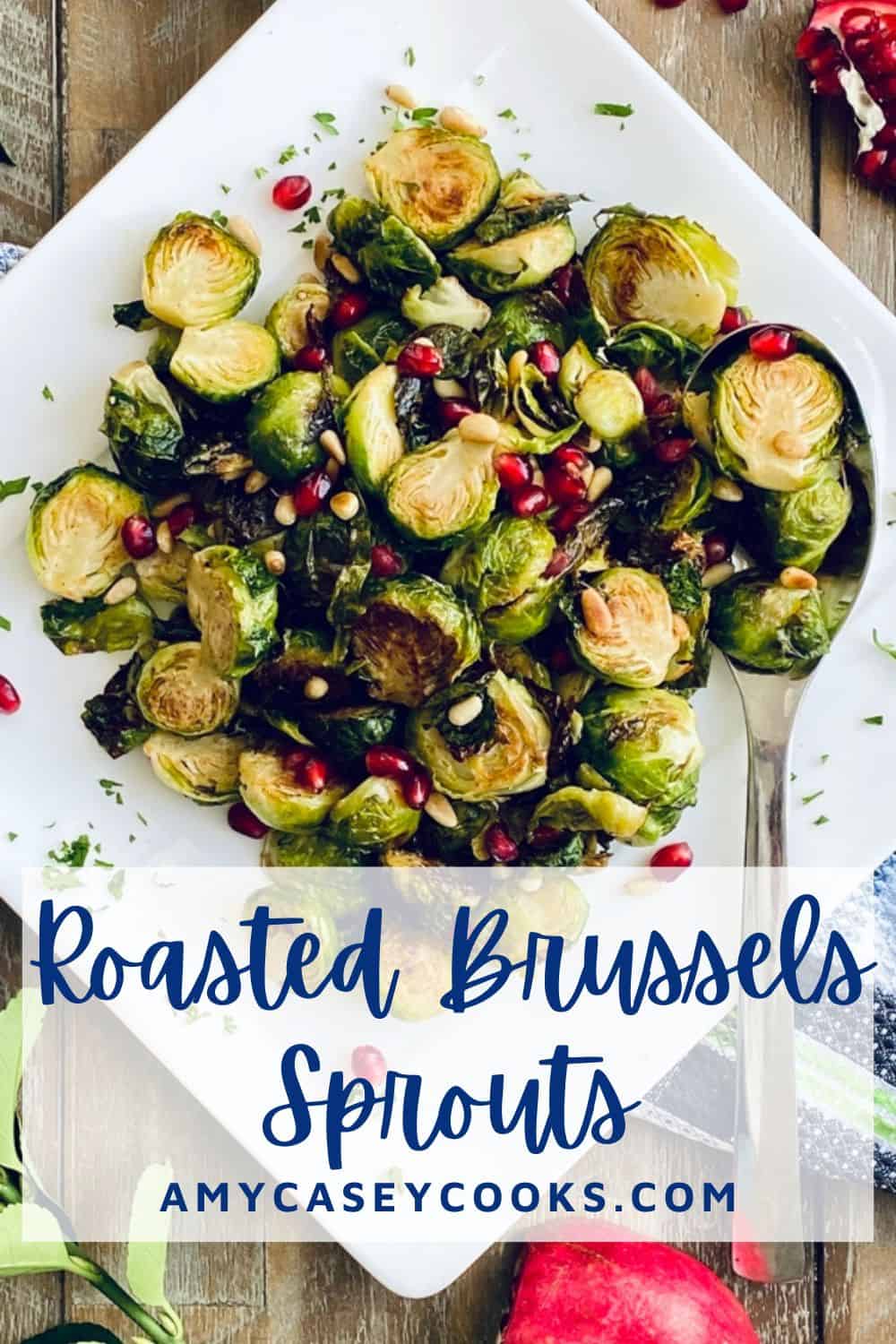 white plate with honey roasted brussels sprouts.