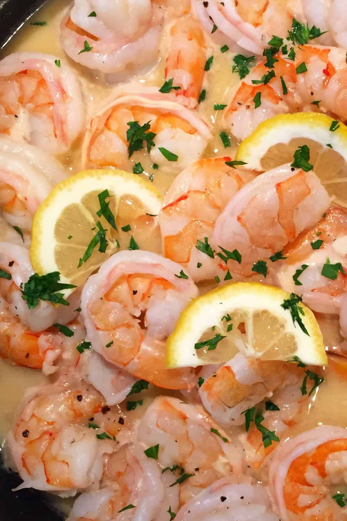 shrimp scampi with lemon slices.