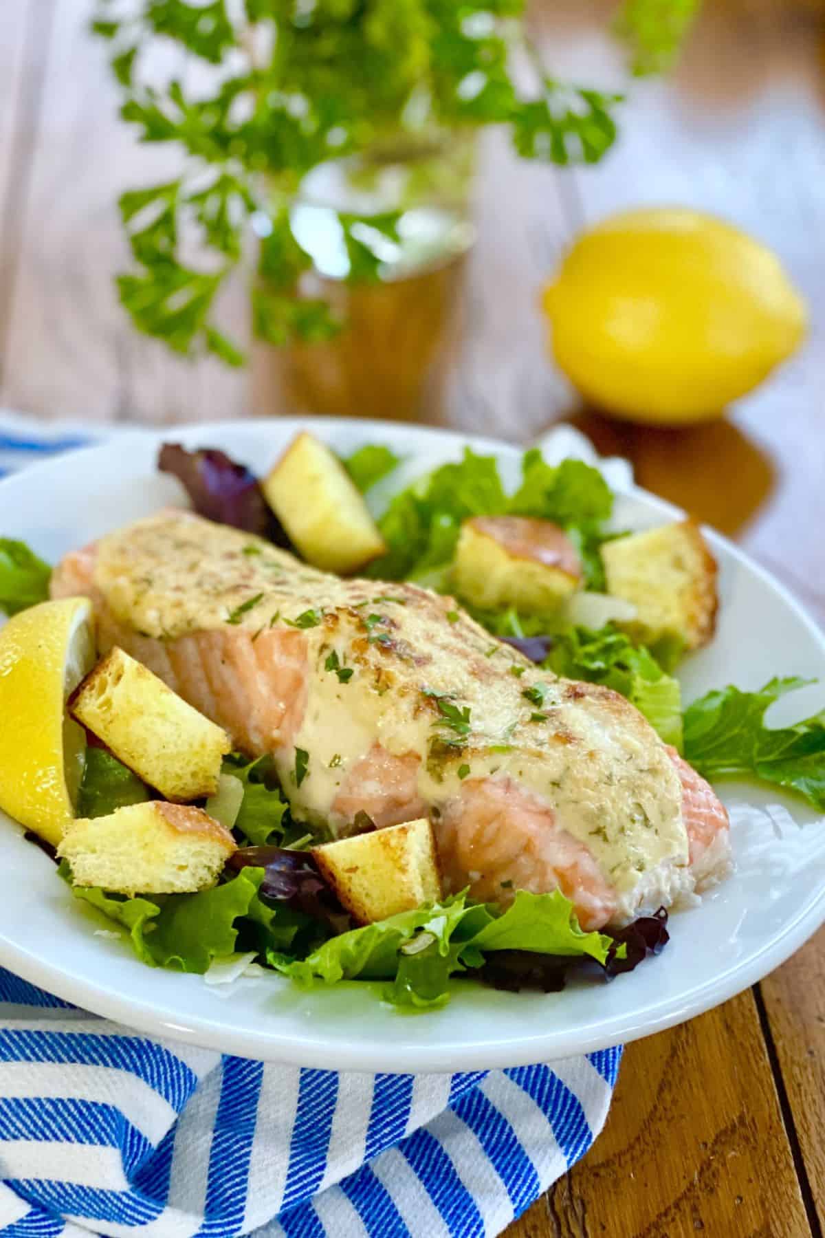 salmon Caesar over mixed greens.